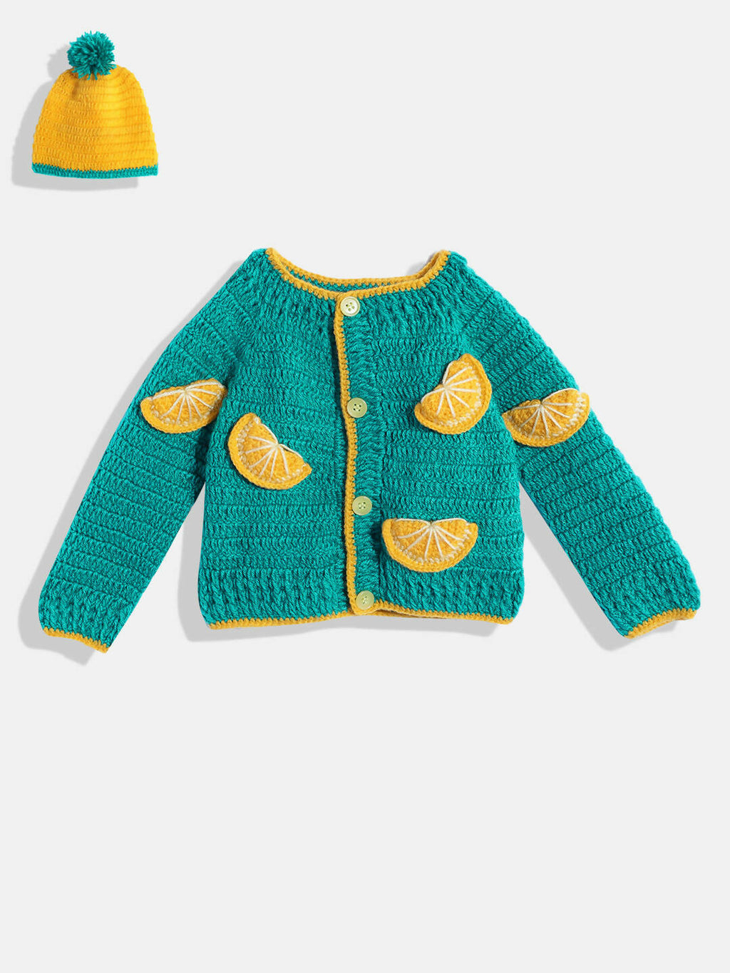Chutput Kids Woollen Hand Knitted Full Sleeves Toffee Detail Sweater For Baby Girls With Cap - Green | Grocsy
