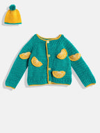 Chutput Kids Woollen Hand Knitted Full Sleeves Toffee Detail Sweater For Baby Girls With Cap - Green | Grocsy