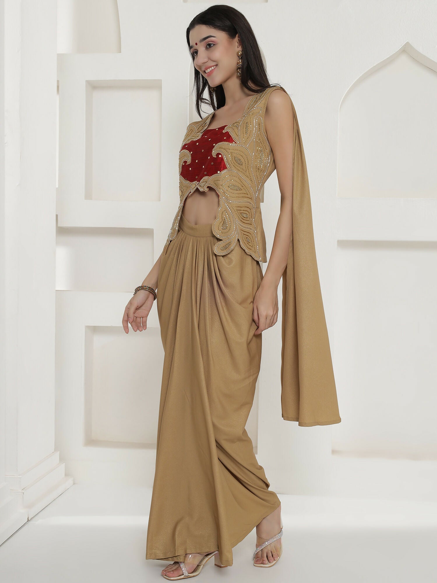 Joban Fashion Golden Shimmer Chinnon Skirt Set | Grocsy