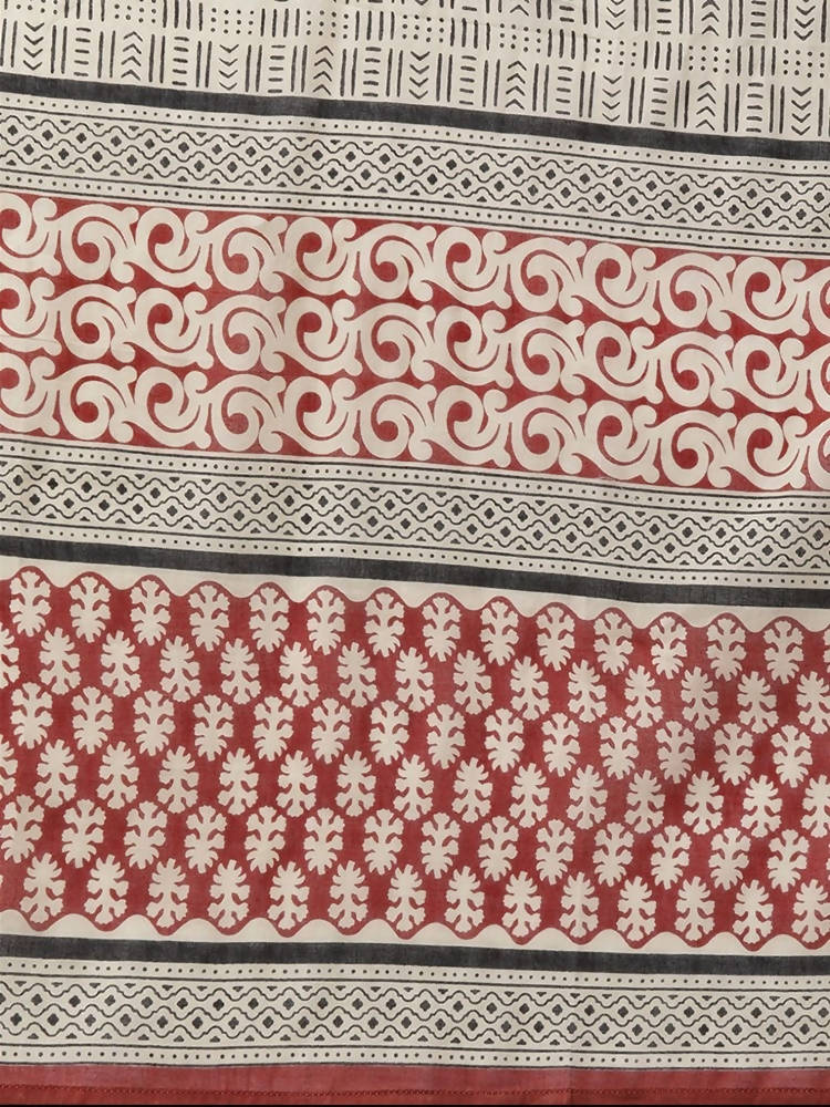 Yufta Women Rust Red and Beige Print Pure Cotton Kurta with Trouser and Dupatta | Grocsy