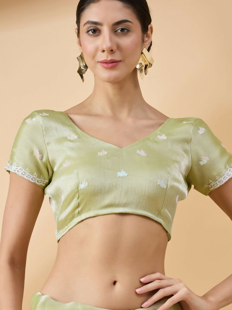 Green Tissue Slub Embroidered Saree with Unstitched Blouse - Vairagi | Grocsy