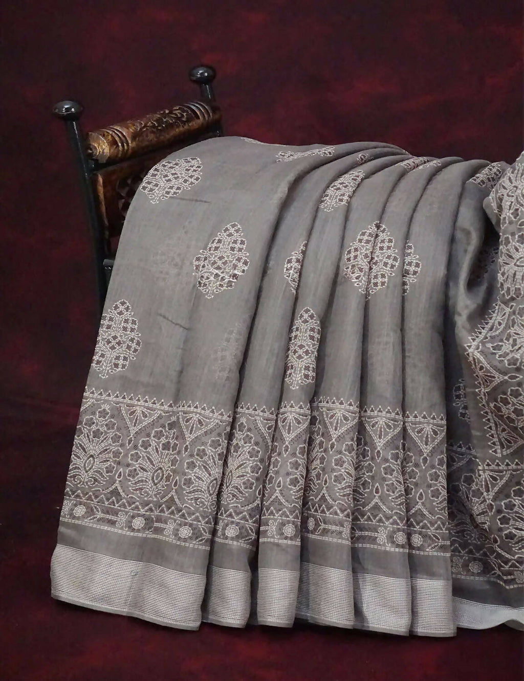 Grey Colored Block Printed Semi Chanderi Saree By Gayathri Reddy Designer Studio | Grocsy