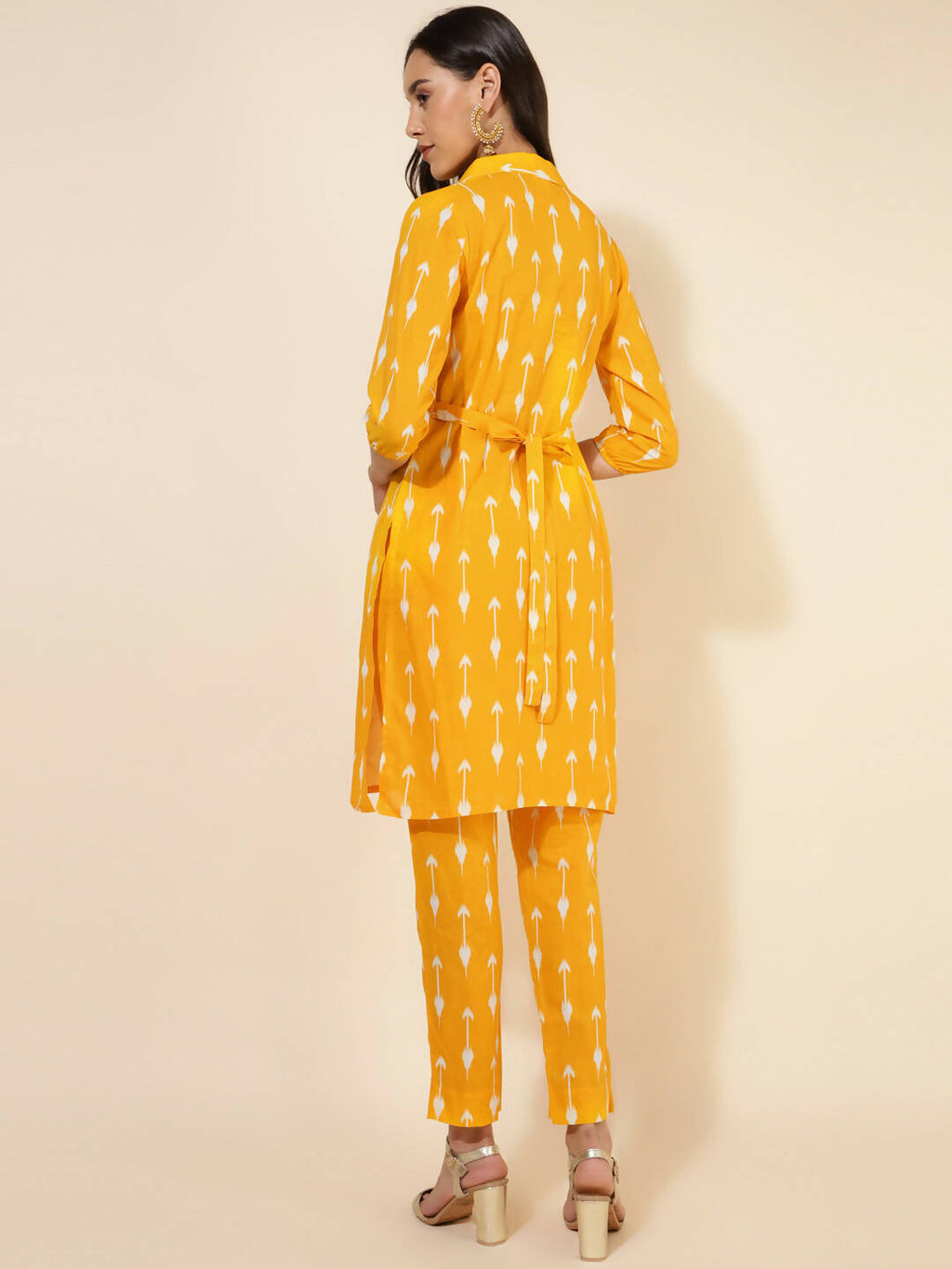 Janasya Women's Yellow Cotton Ikkat Printed Casual Straight Co-ords | Grocsy