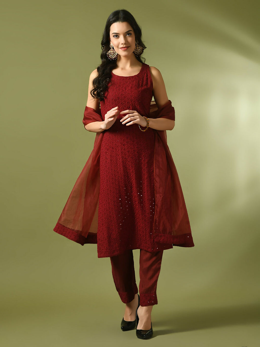 Myshka Women's Maroon Embroidered Cotton Straight Party Kurta Set With Dupatta | Grocsy