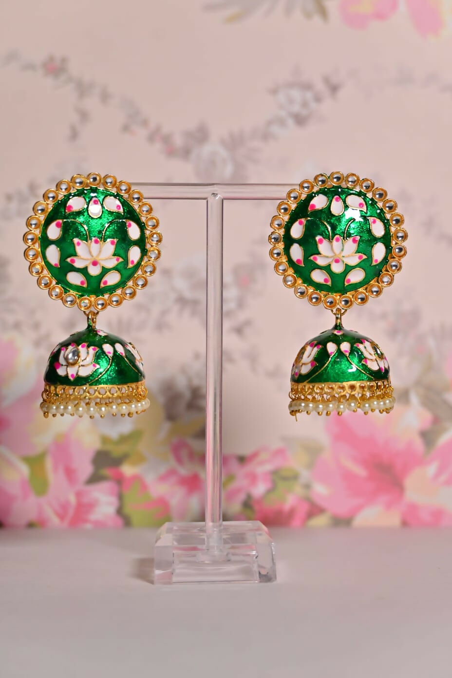 Green Round Shape Ethnic Meenakari Jhumki Earrings By House of Ree - Swadesiicart