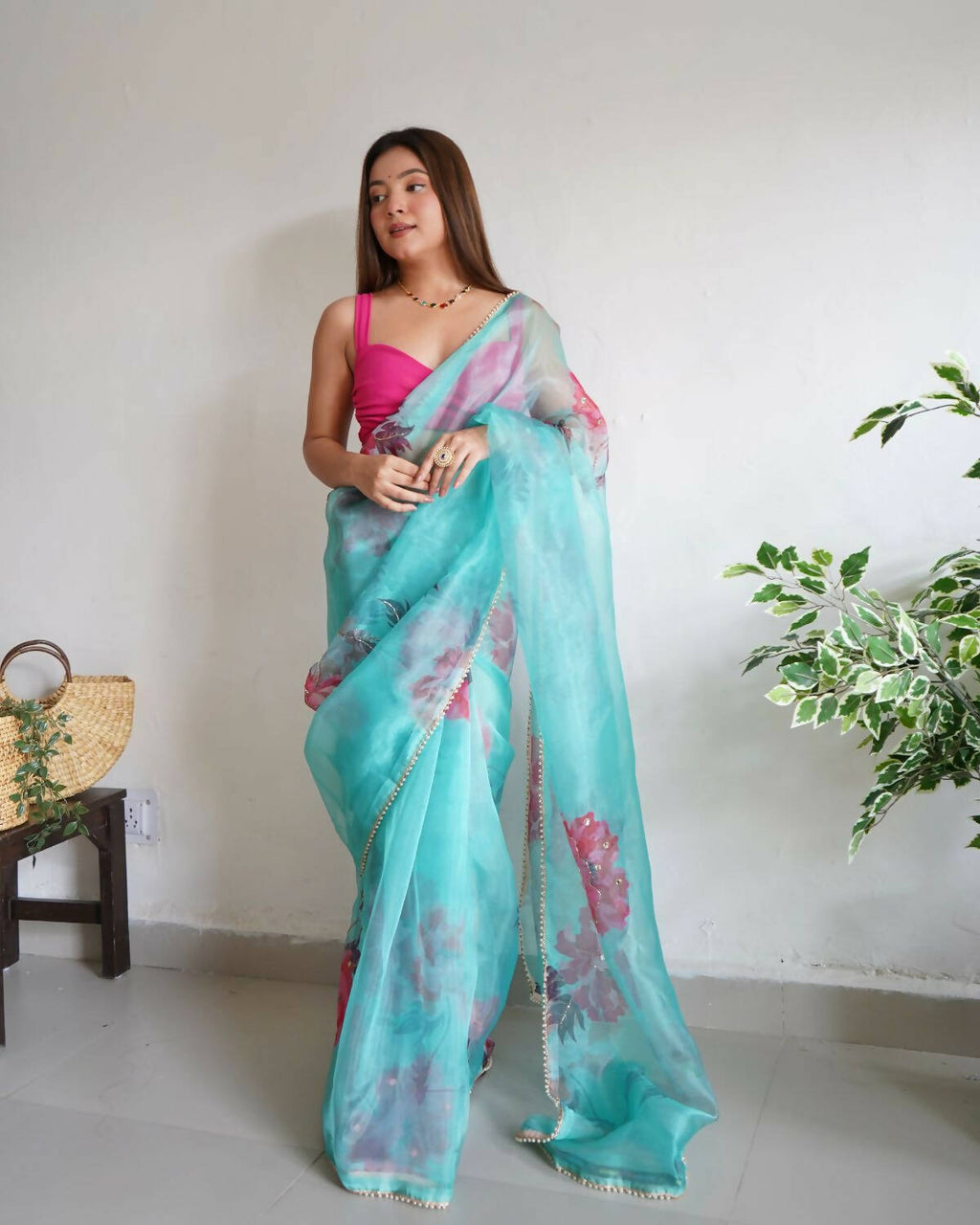 Vamsee Sky Blue Organza Saree | Grocsy