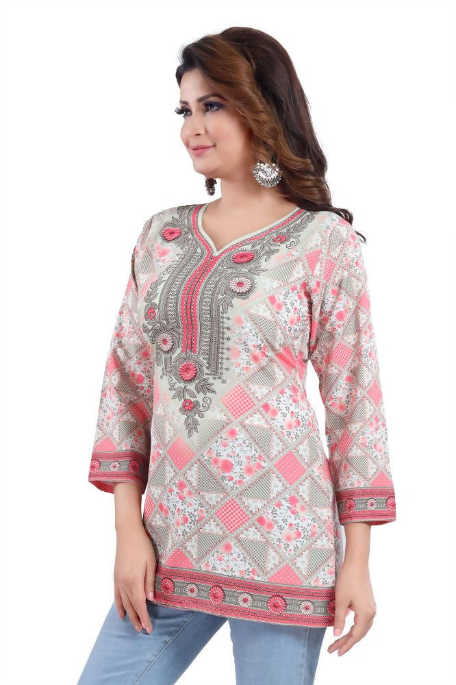 Snehal Creations Precious Pink Faux Crepe Printed Short Kurti Tunic | Grocsy