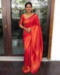 DEIANA'S Beautiful Designer Golden zari Soft Lichi Silk Saree - Red | Grocsy