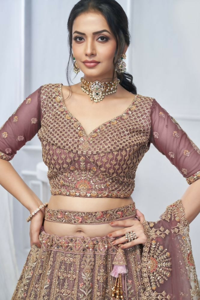 Kesar Fab Onion-Pink Net Embroidered Lehenga | Grocsy