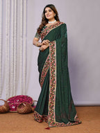 Green Silk Georgette Resham And Zari Embroidery Stone Handwork Saree - Norita Saumya | Grocsy