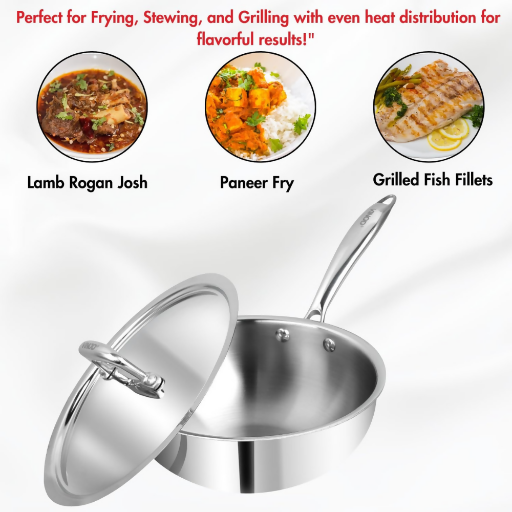 Vinod Platinum Triply Stainless Steel Deep Frying Pan with Lid | Grocsy