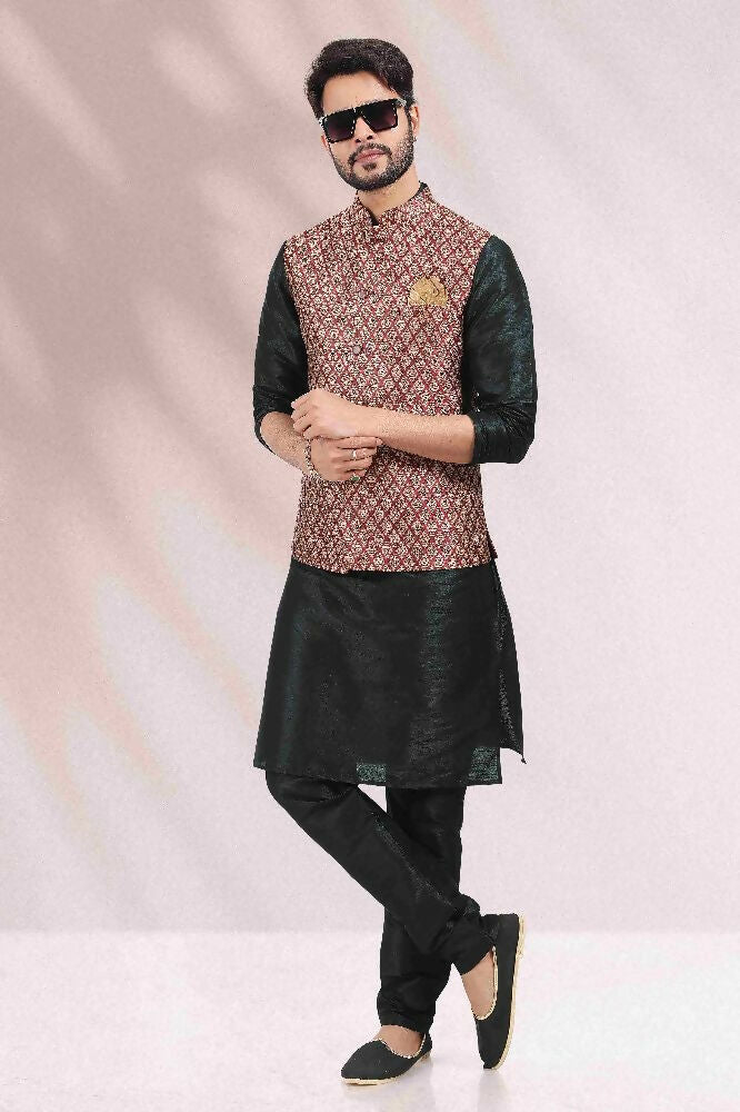 Raivat Ethnic Jacquard Banarasi Silk Woven Work 3 Pics Jacket Set In Maroon Colour | Grocsy