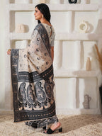 Shree Shyam Fashion Linen Cotton Black & Cream Saree | Grocsy