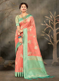 Peach Cotton Zari Woven Design Saree with Unstitched Blouse Piece - Aachal | Grocsy