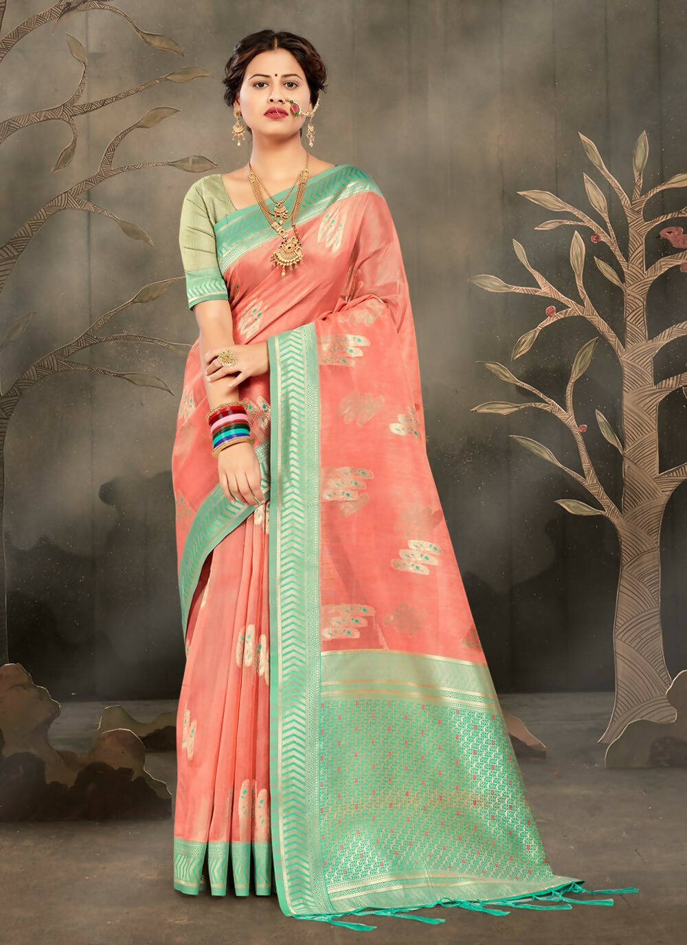Peach Cotton Zari Woven Design Saree with Unstitched Blouse Piece - Aachal | Grocsy