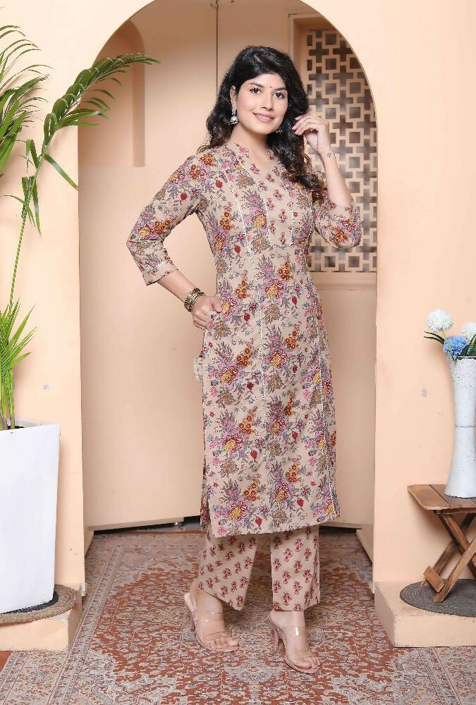 Miravan Womens Pure Cotton Straight Floral Printed Kurta With Palazzo-Multicolor | Grocsy