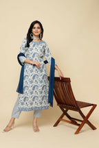 Designer Stylish White Keri cotton Stitched Suit With Dupatta - Tanisha | Grocsy