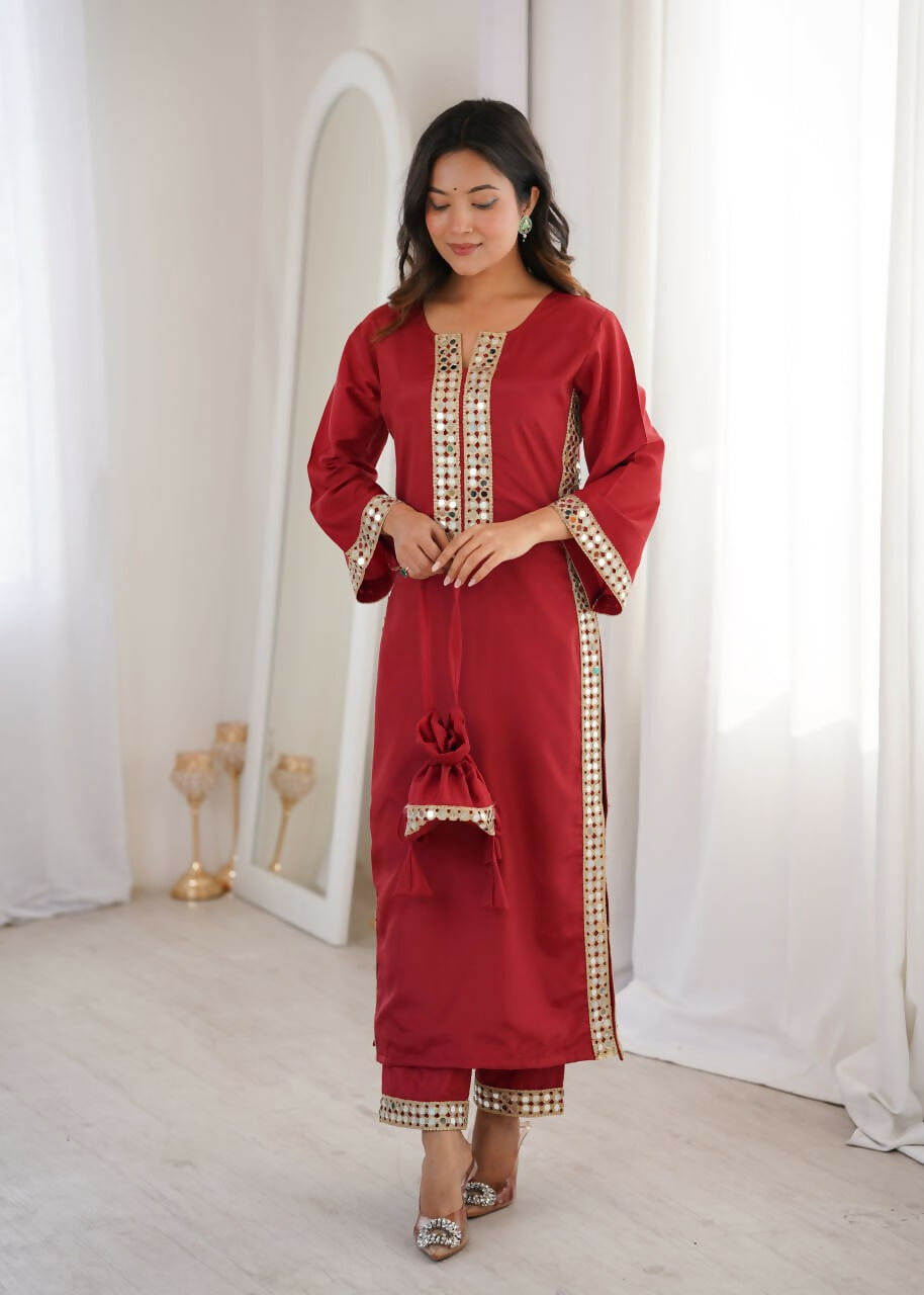 Teeya Creation Womens New Trending Maroon Color Natural Crepe With Real Mirror Lace Work Kurta Set | Grocsy