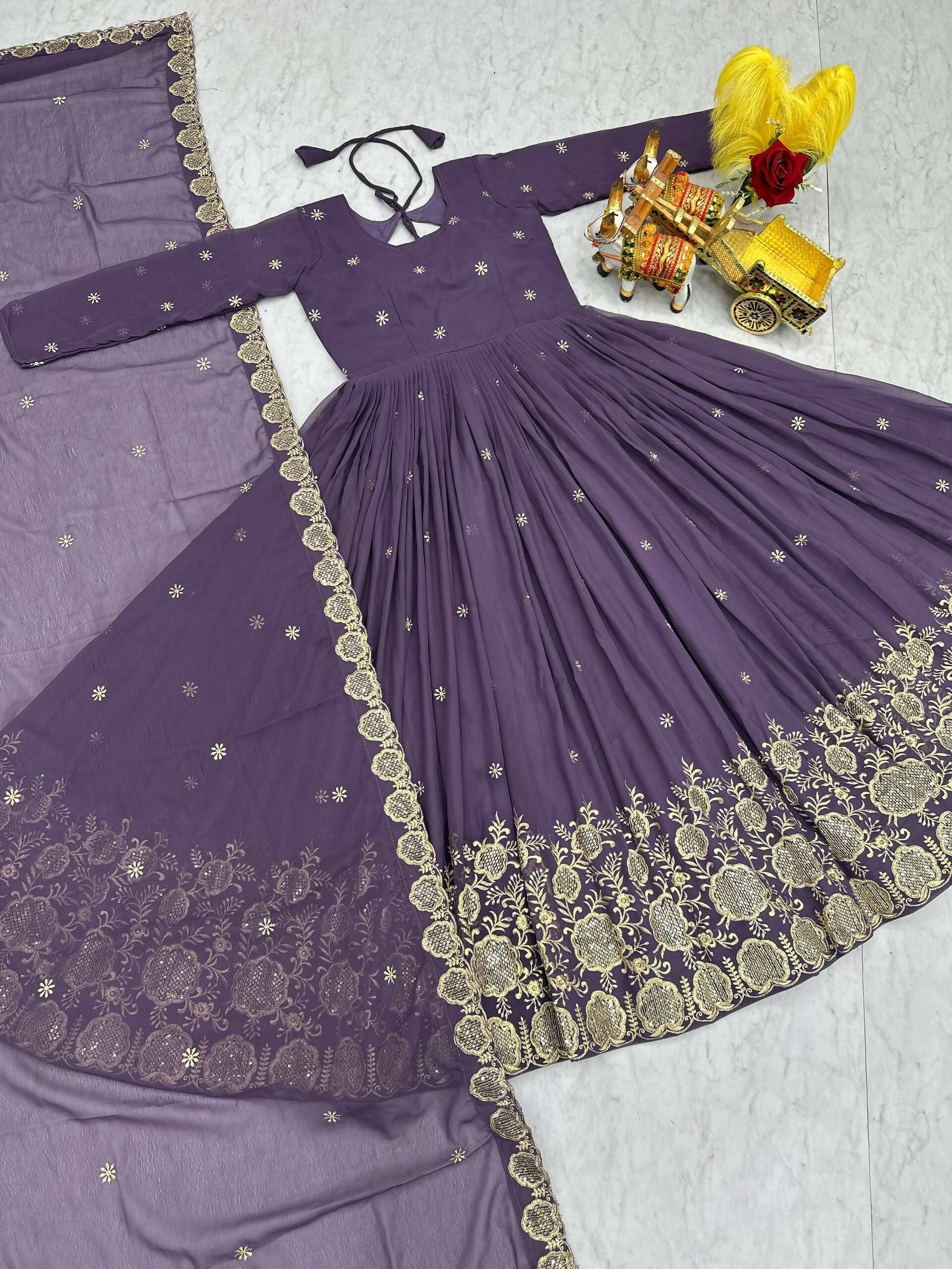 Teeya Creation Womens Wedding Wear Heavy Sequence Embroidery Work Purple Gown Set | Grocsy