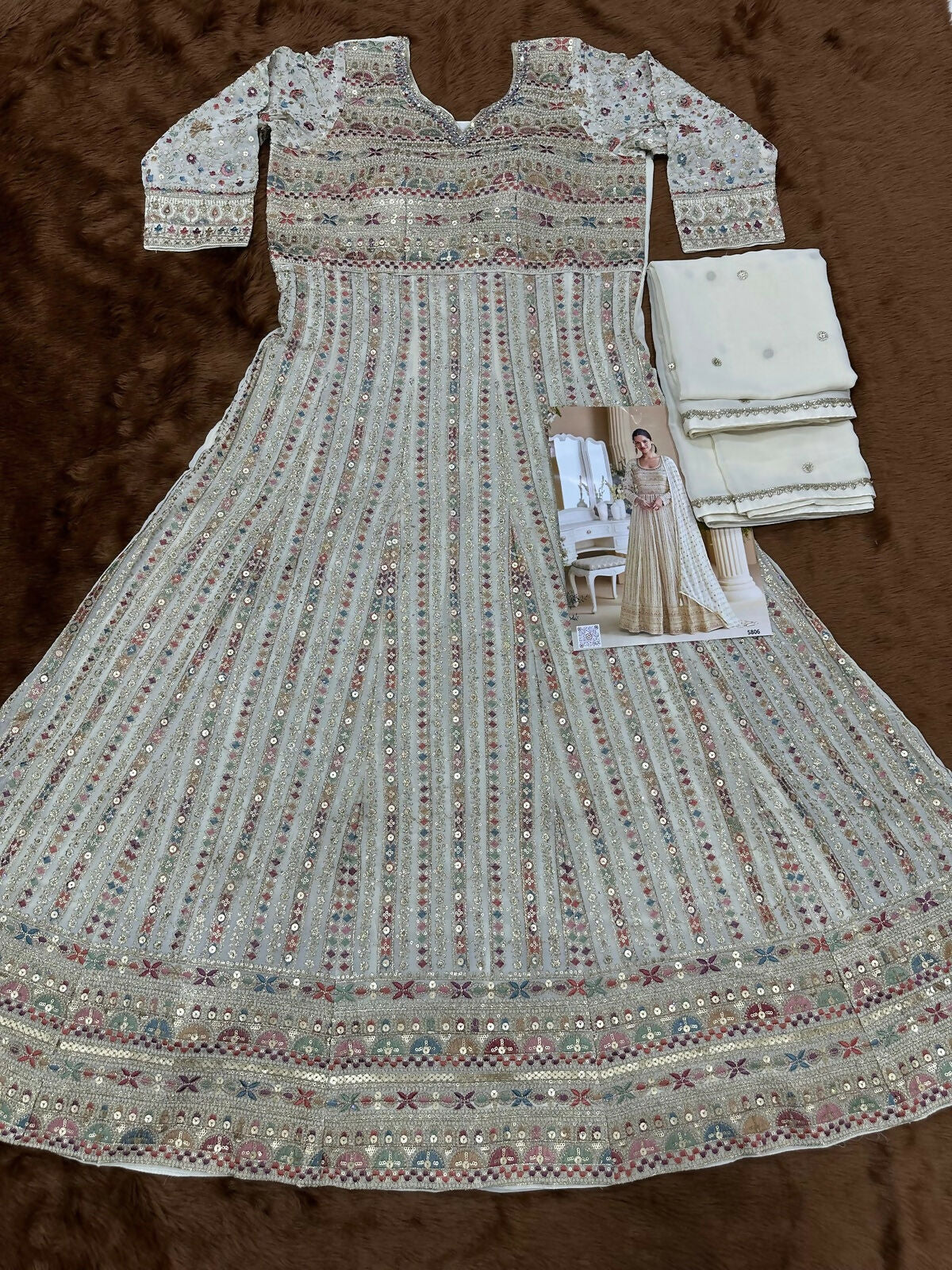 Anaita Cream Real Georgette Readymade Anarkali Gown with Embroidery & Sequence Work | Grocsy