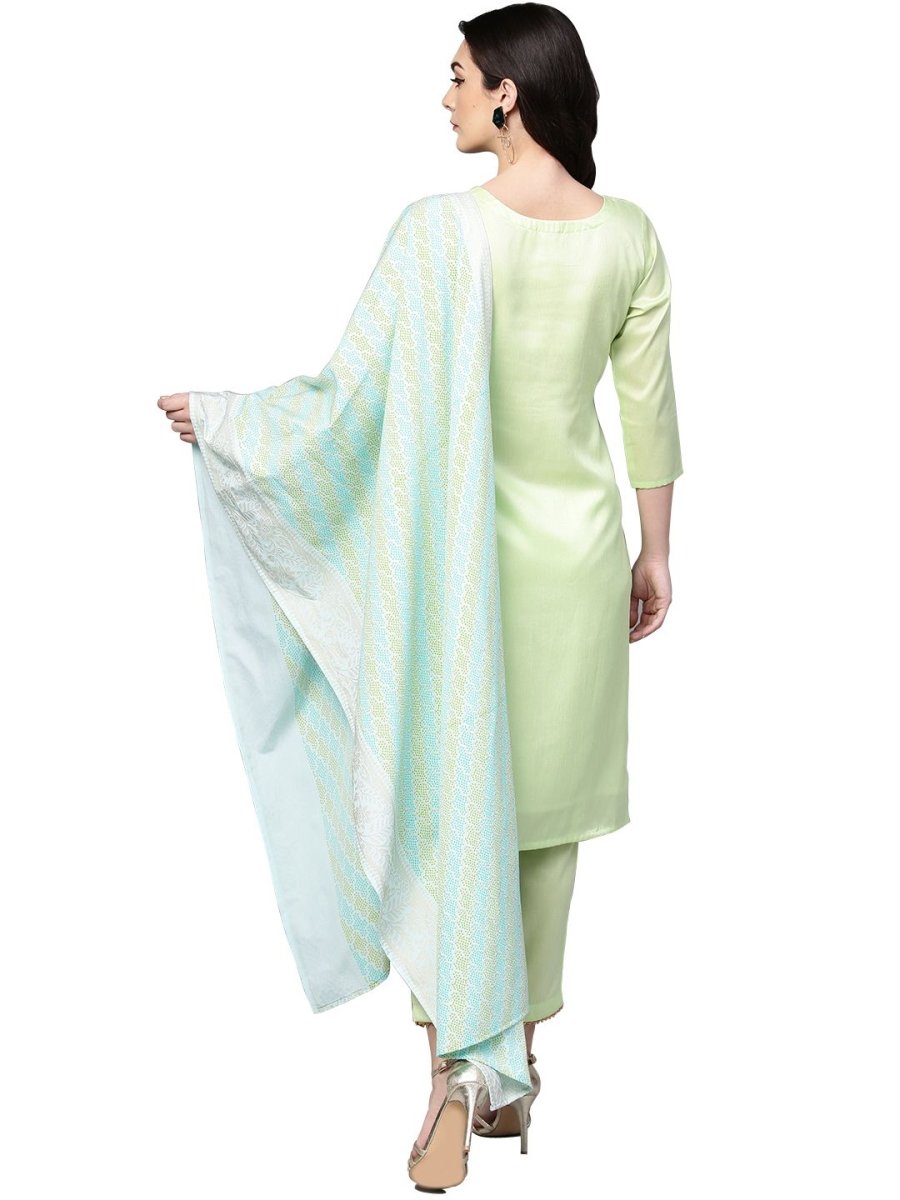 Ahalyaa Women's Sea Green Cotton Blend Solid Kurta Trouser Set With Dupatta | Grocsy