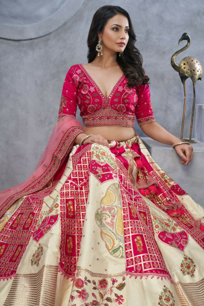 Kesar Fab Ivory Silk Embroidered Lehenga | Grocsy