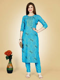 Jyoti Fashion Women's Sky Blue Viscose Rayon Embroidered Kurta Pant Set | Grocsy
