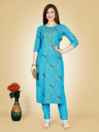Jyoti Fashion Women's Sky Blue Viscose Rayon Embroidered Kurta Pant Set | Grocsy