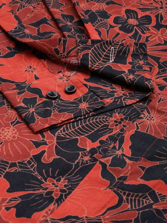 Red & Black Men pure Cotton Floral Printed Straight Kurta - Mahotsav | Grocsy