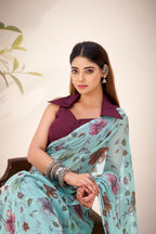 Vastranavya Sea Green Lurex Brasso Floral Printed Saree with Unstitched Blouse | Grocsy