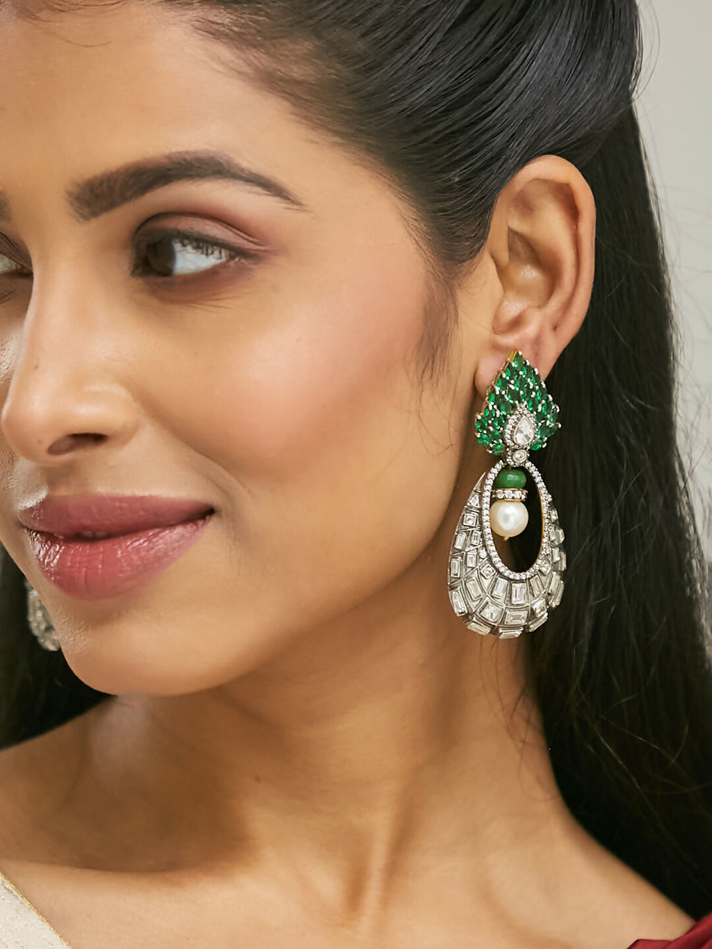 Nuyug 22K Gold-Plated Zircon Studded & Pearl Teardrop Shaped Dangler Earrings | Grocsy