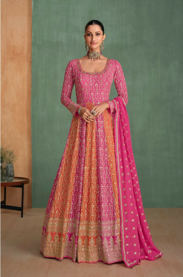 Vastranavya Pink Embroidered Sequence Work With swarovski Diamond Anarkali Salwar Suit Set | Grocsy