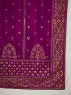The52 Wine Women's Gorgeous Embroidered Work Vichitra Silk Fabric Flared Kurta Pant and Dupatta Set | Grocsy