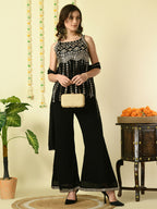 Myshka Women's Black Georgette Top & Palazzos With Dupatta Party Sets | Grocsy