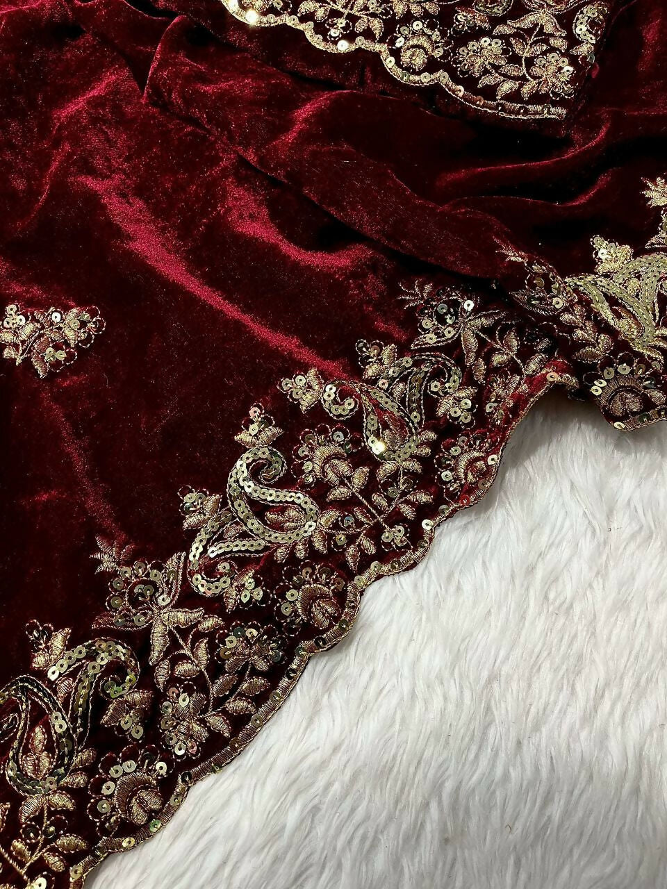 Vastranavya Designer Velvet Sequence & Zari Thread Embroidery work with border and Cutwork Saree - Wine | Grocsy