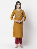 Myshka Women Mustard Viscose Embroidered 3/4 Sleeve Round Neck Kurta Pant Dupatta Set | Grocsy