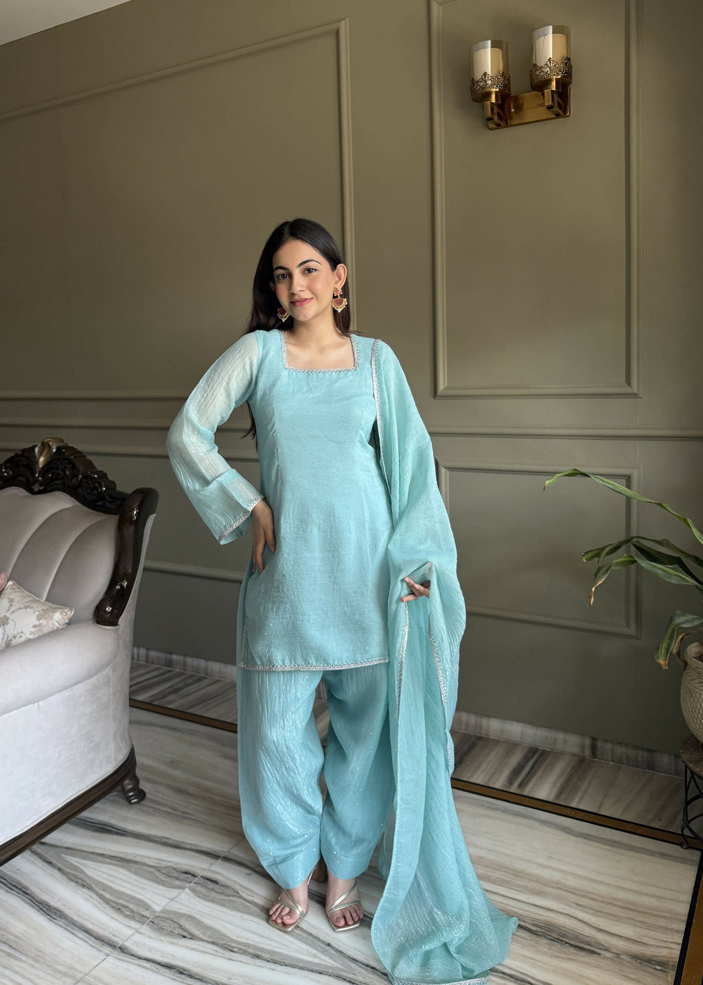Lehenga Mart Designer Salwar Suit With Kurta, Dhoti Dupatta For Women-Skyblue | Grocsy