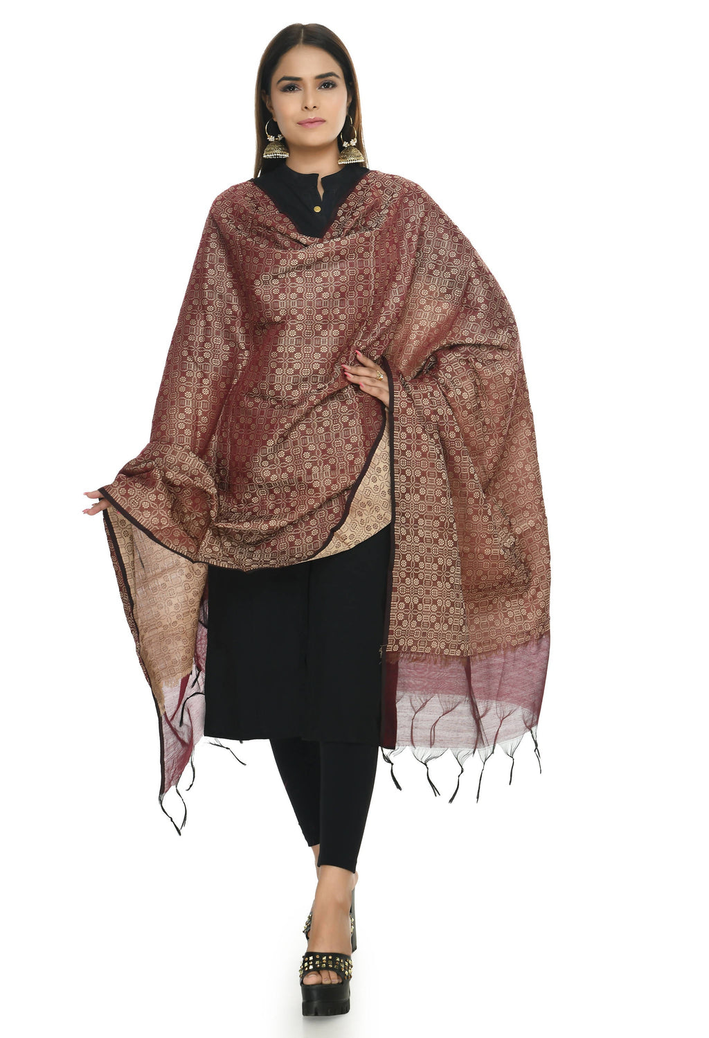 Mominos Fashion Moeza Handloom Cotton Dark Maroon Dupatta | Grocsy