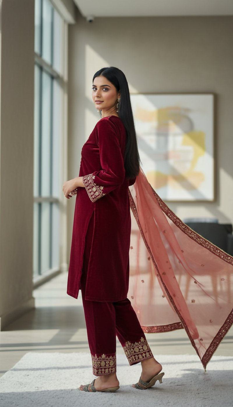 Joban Fashion Maroon Velvet Embroidery Sequence Work Readymade Kurta Set | Grocsy