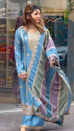 Prazu Fashion Sky Blue Faux Georgette Embroidered Palazzo Suit | Grocsy