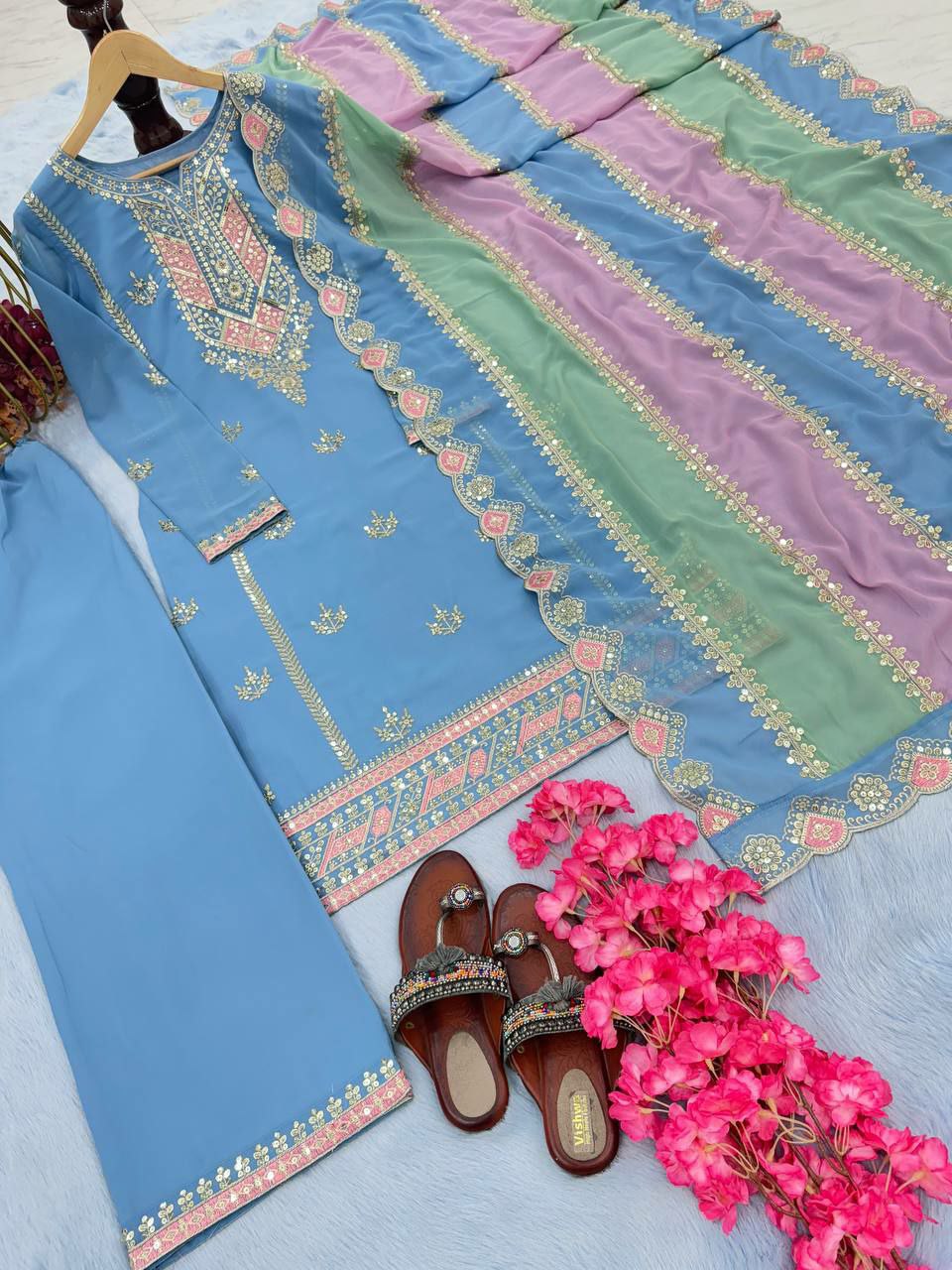 Prazu Fashion Sky Blue Faux Georgette Embroidered Palazzo Suit | Grocsy