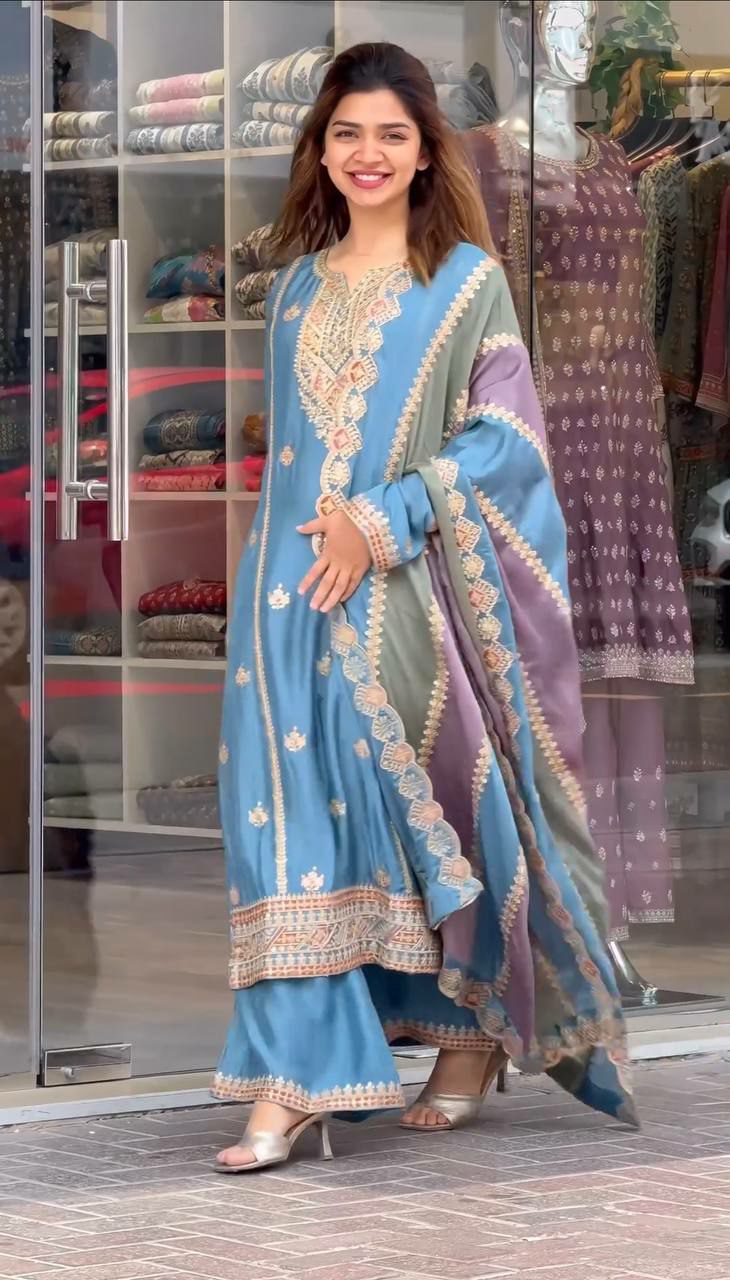 Prazu Fashion Sky Blue Faux Georgette Embroidered Palazzo Suit | Grocsy