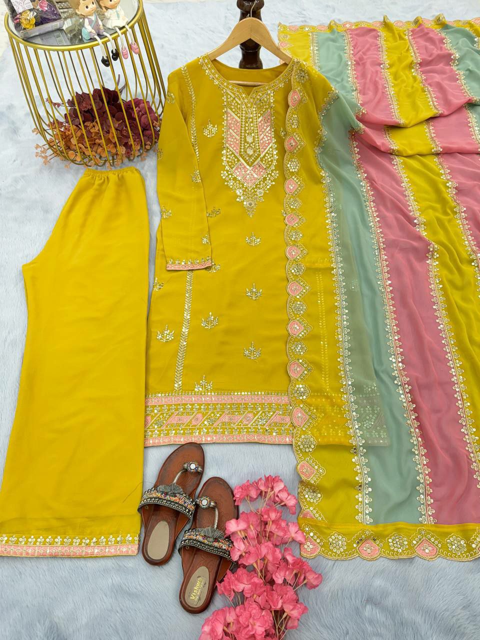 Prazu Fashion Yellow Faux Georgette Embroidered Palazzo Suit | Grocsy