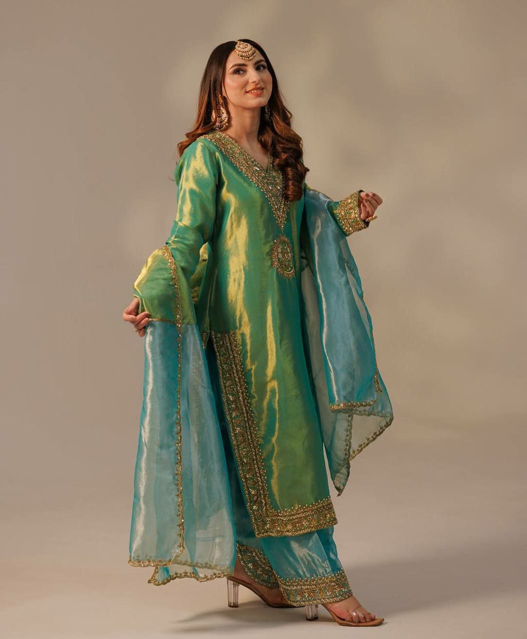Prazu Fashion Lime Green Organza Embroidered Palazzo Suit | Grocsy