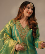 Prazu Fashion Lime Green Organza Embroidered Palazzo Suit | Grocsy