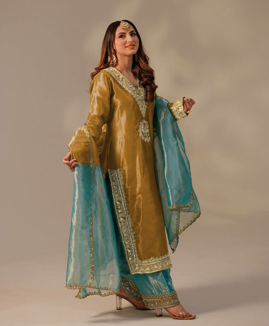 Prazu Fashion Mustard Organza Embroidered Palazzo Suit | Grocsy