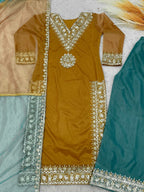 Prazu Fashion Mustard Organza Embroidered Palazzo Suit | Grocsy