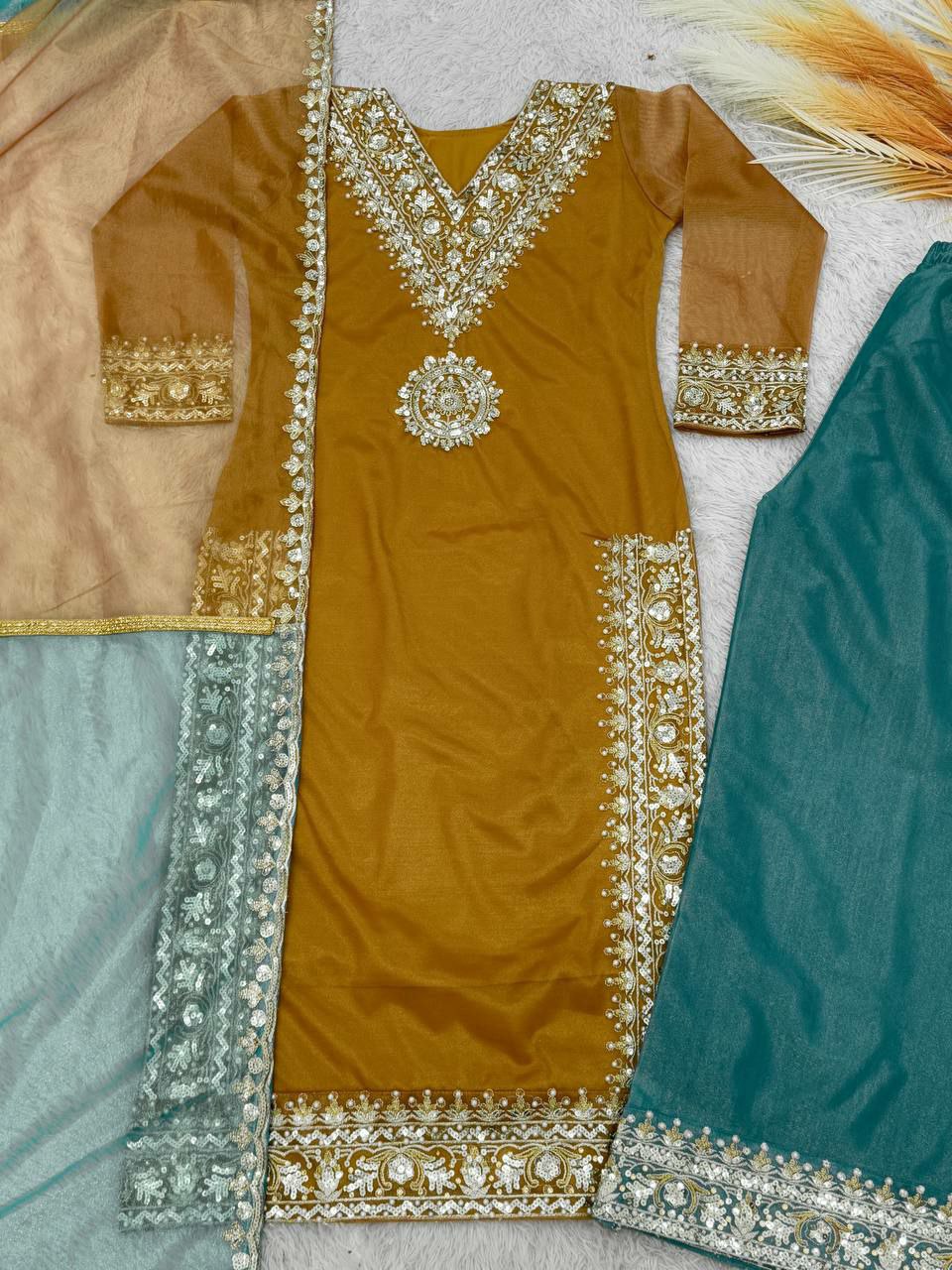 Prazu Fashion Mustard Organza Embroidered Palazzo Suit | Grocsy