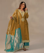 Prazu Fashion Mustard Organza Embroidered Palazzo Suit | Grocsy