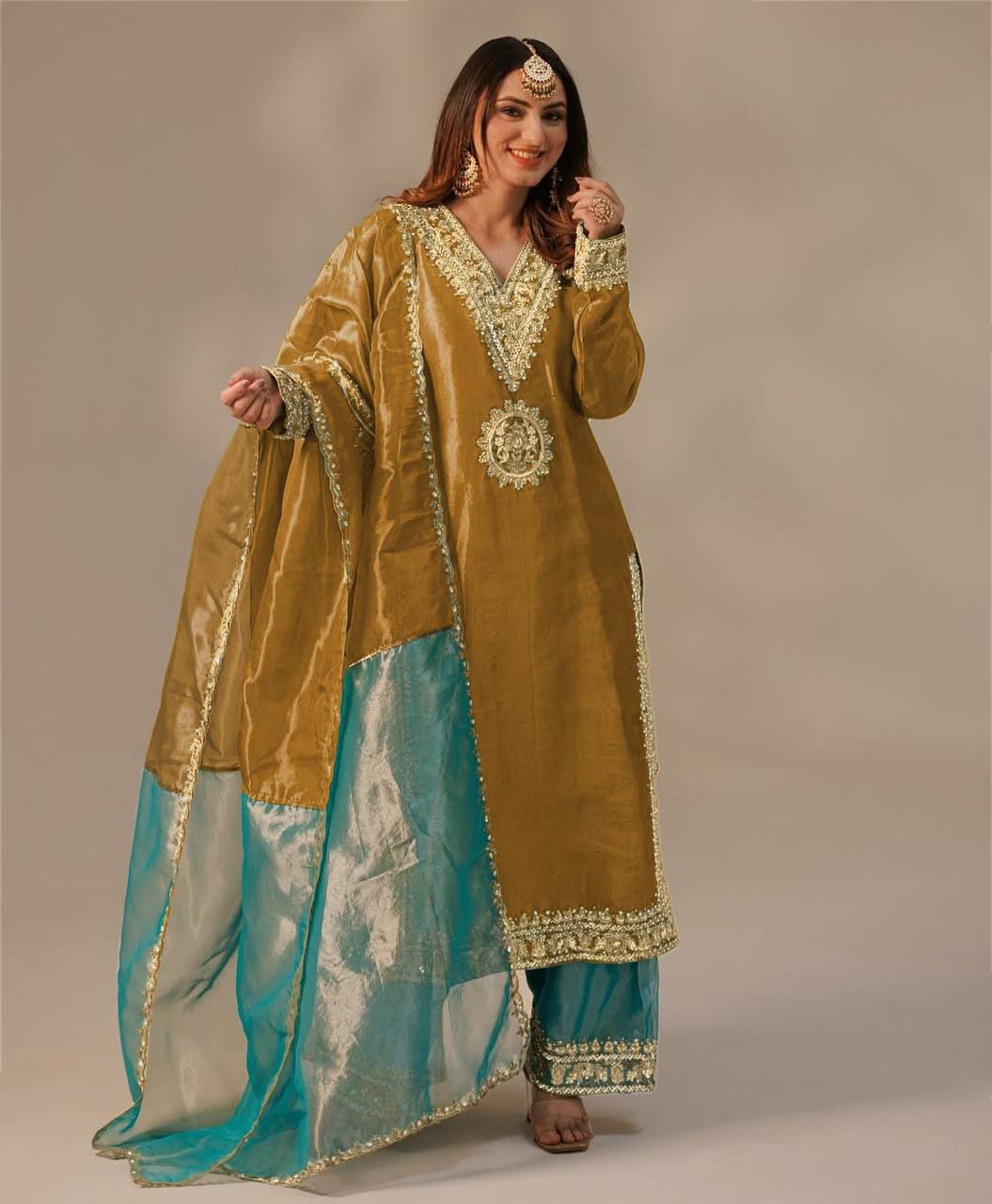 Prazu Fashion Mustard Organza Embroidered Palazzo Suit | Grocsy
